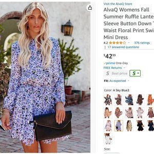 AlvaQ Womens Fall Summer Ruffle Lantern Sleeve Button Down Tie Waist Floral Prin